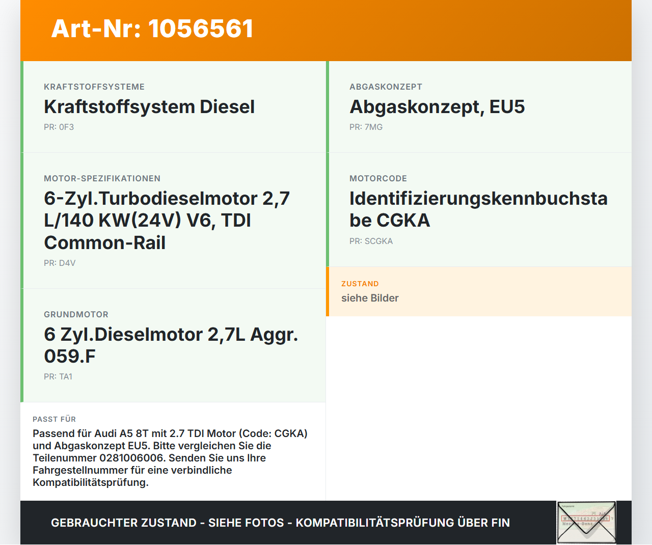 Audi A5 8T 07-12 TDI 2,7 140KW Sensor Differenzdrucksensor Audi A5 8T 07-12 04.12.2008 0281006006 059906051A gebraucht Vorschau 3