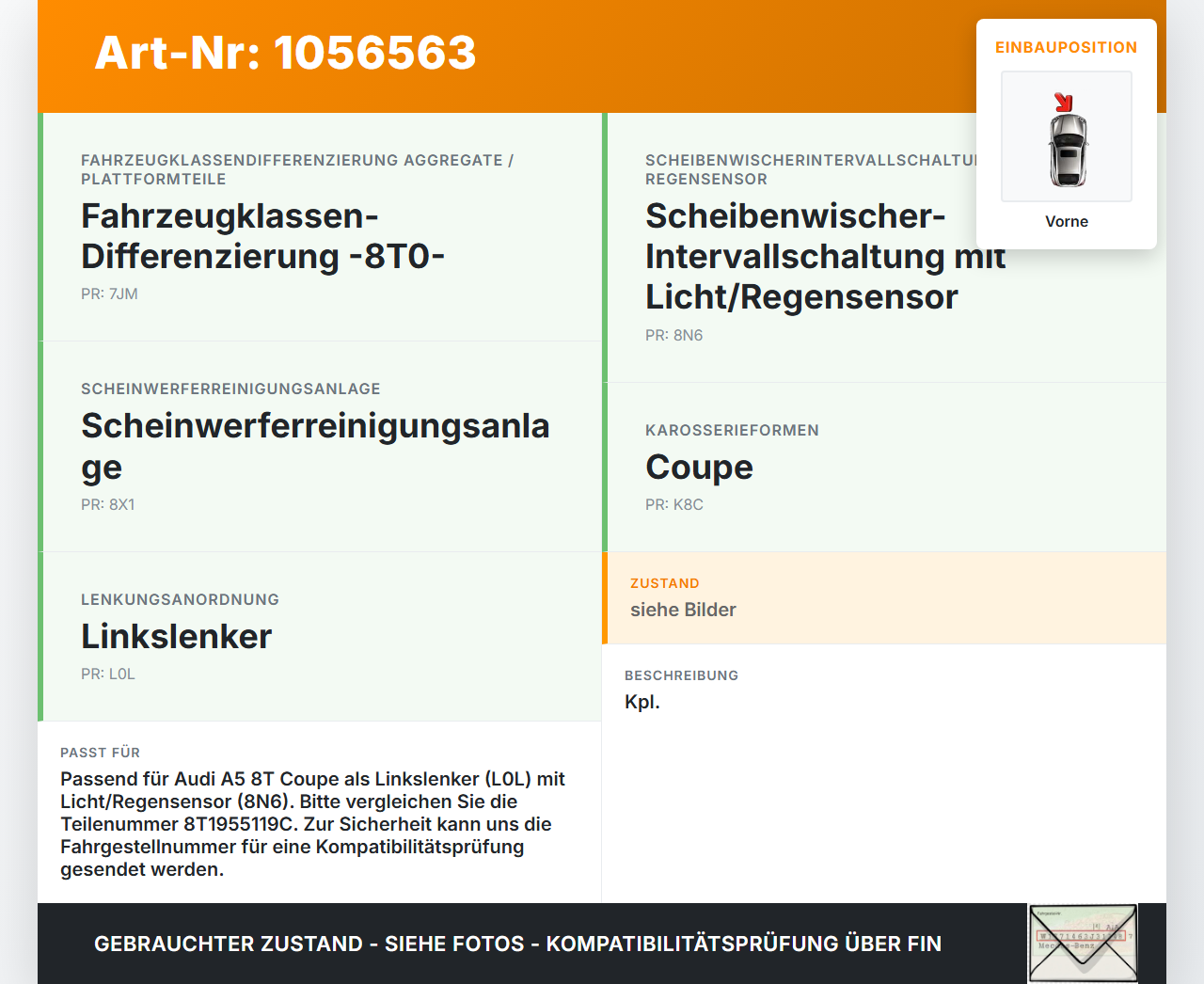 Audi A5 8T 07-12 Wischermotor m. Wischergestänge Vorne Audi A5 8T 07-12 04.12.2008 8T1955119C 8J1955119 405.132... Vorschau 3