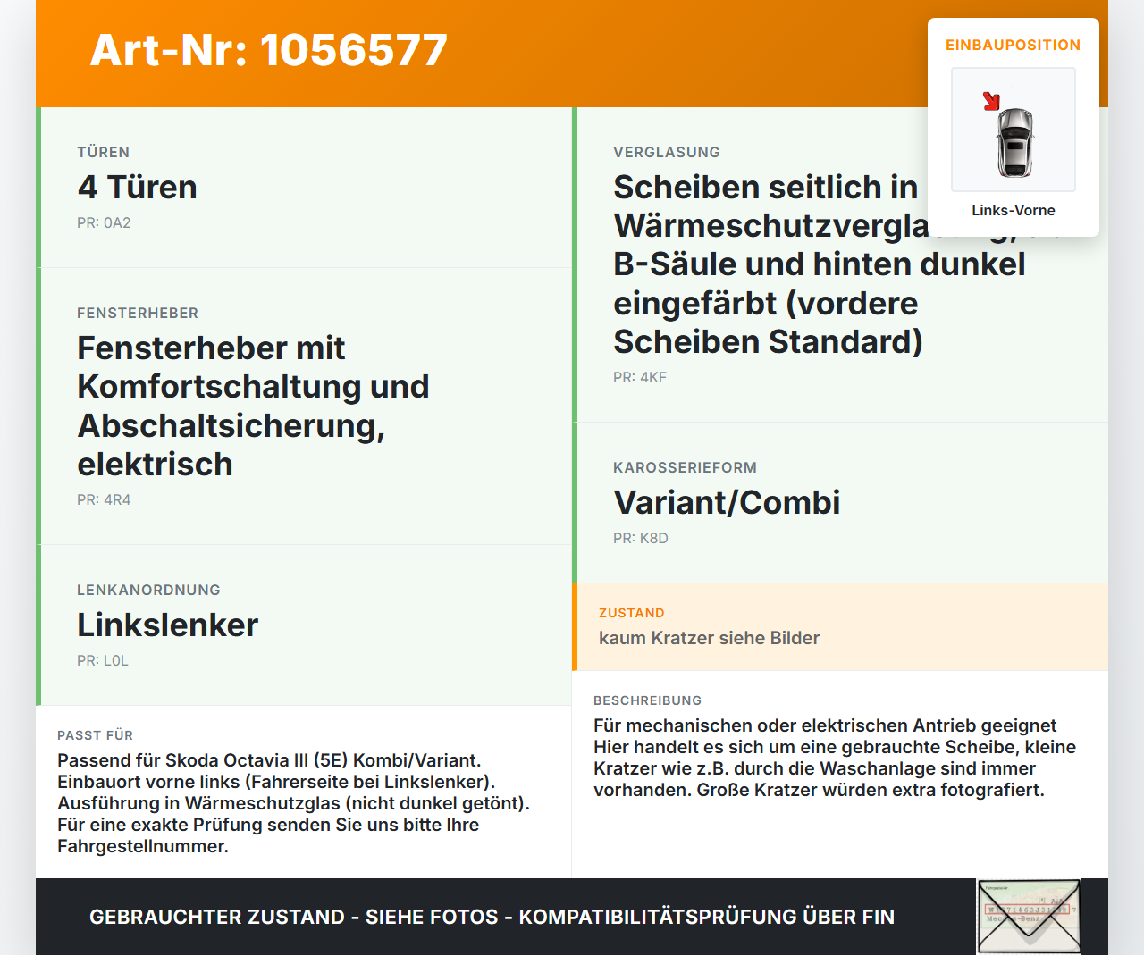 Skoda Octavia III 5E 17-20 Kombi LVK Seitenscheibe Tür Fenster Türscheibe Links Vorne Skoda Octavia III 5E 17-20... Vorschau 3