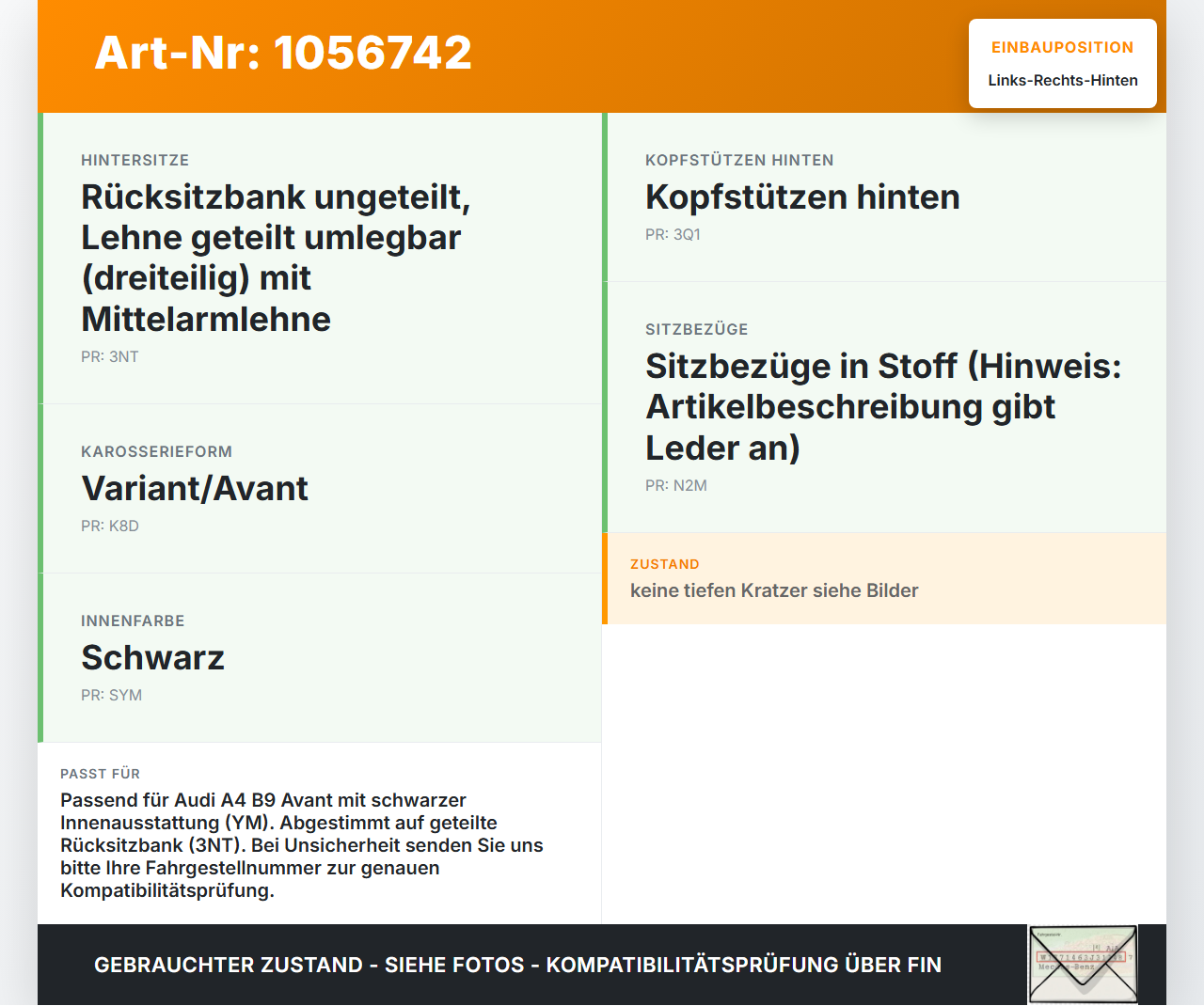 Audi A4 8W B9 15-19 Kopfstütze Rechts oder Links Hinten Leder Audi A4 8W B9 15-19 08.08.2017 8W0885973 gebraucht Vorschau 3