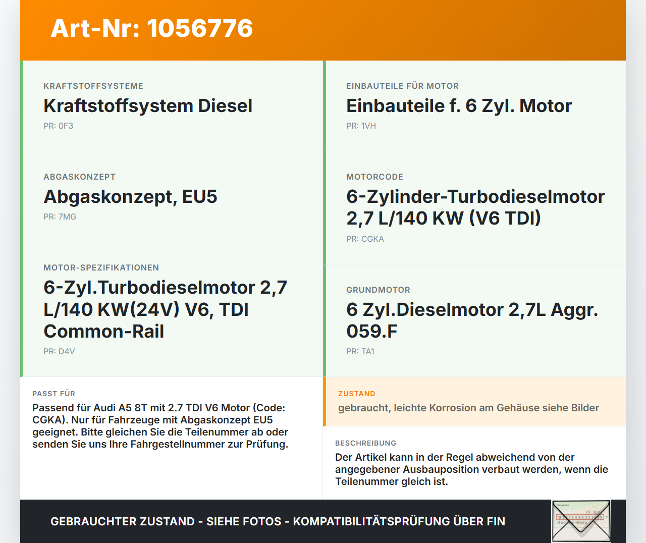 Audi A5 8T 07-12 TDI 2,7 140KW Injektor Einspritzdüse Zyl.1 Audi A5 8T 07-12 04.12.2008 059130277BE 059130081023... Vorschau 3
