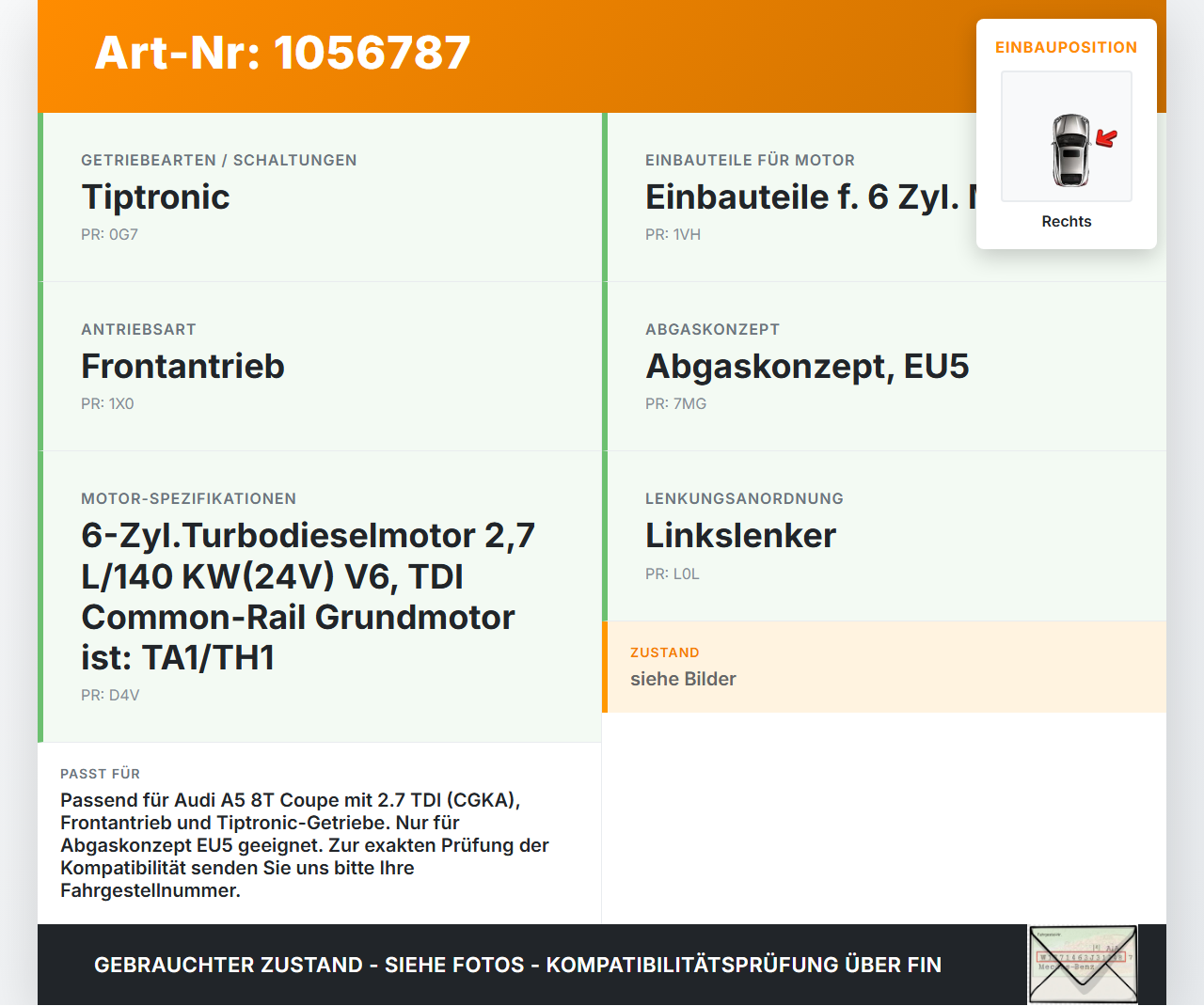 Audi A5 8T 07-12 TDI 2,7 140KW Hosenrohr Abgasrohr Flexrohr Rechts Audi A5 8T 07-12 04.12.2008 gebraucht Vorschau 3