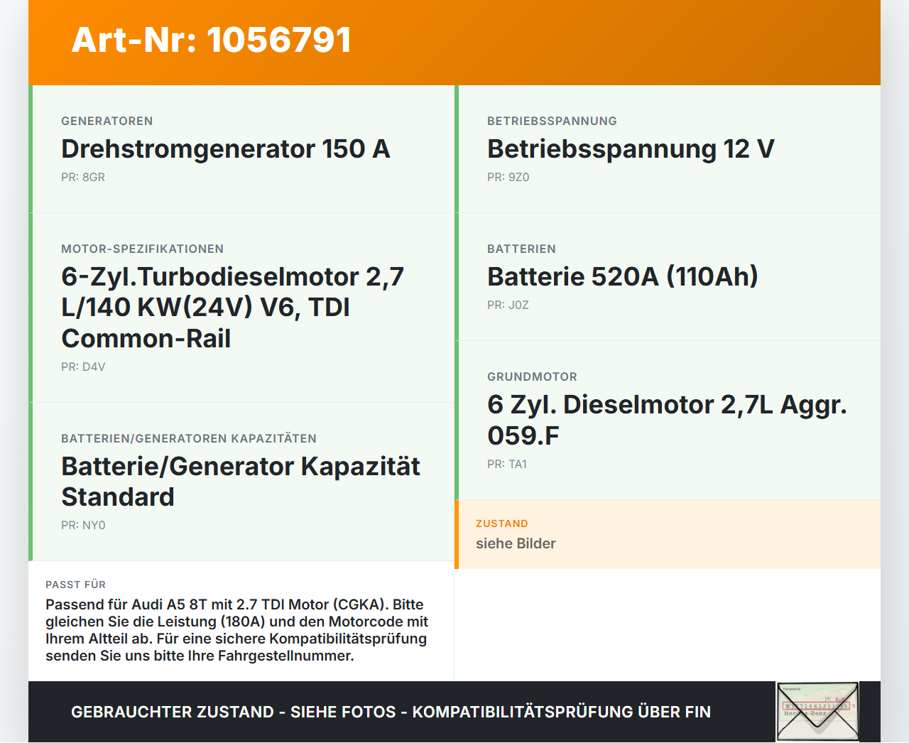 Audi A5 8T 07-12 TDI 2,7 140KW Lichtmaschine Generator 180A 14V Audi A5 8T 07-12 04.12.2008 059903016J... Vorschau 3