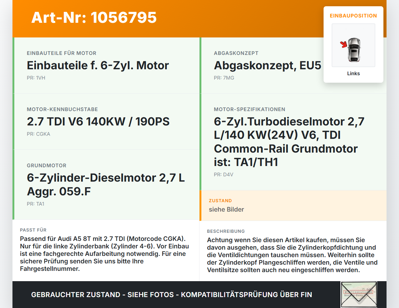 Audi A5 8T 07-12 TDI 2,7 140KW CGKA Zylinderkopf Links 4-6 Audi A5 8T 07-12 04.12.2008 059353CK EU6026 gebraucht Vorschau 3