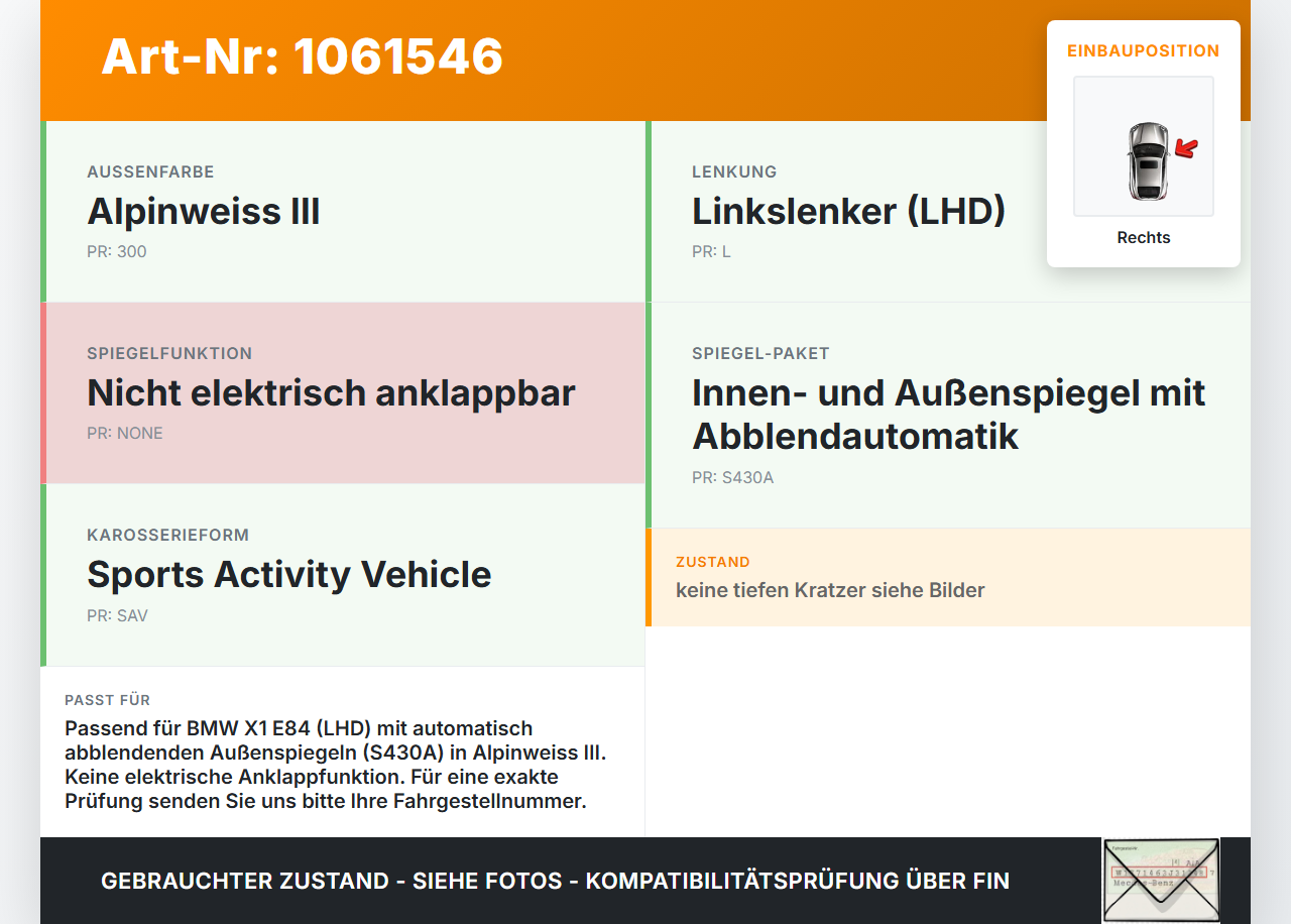 BMW X1 E84 12-15 Spiegel Aussenspiegel Rechts elektr Elektrochrom 300 BMW X1 E84 12-15 29.04.2015 51167307186... Vorschau 3