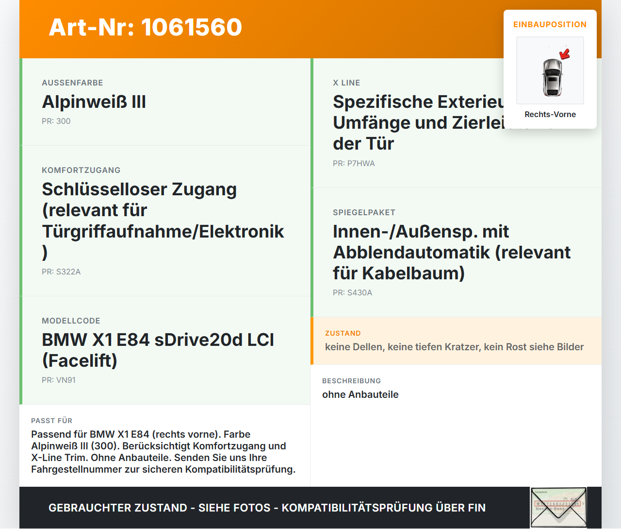 BMW X1 E84 12-15 KombiLim Tür Beifahrertür Rechts Vorne 300 BMW X1 E84 12-15 29.04.2015 9628746 41009628746 gebraucht Vorschau 3