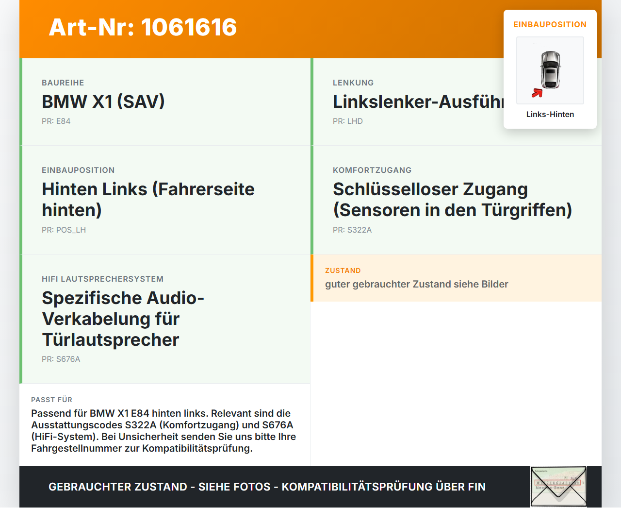 BMW X1 E84 12-15 KombiLim Kabelbaum für Tür und Fensterheber Links Hinten BMW X1 E84 12-15 29.04.2015 9352108... Vorschau 3