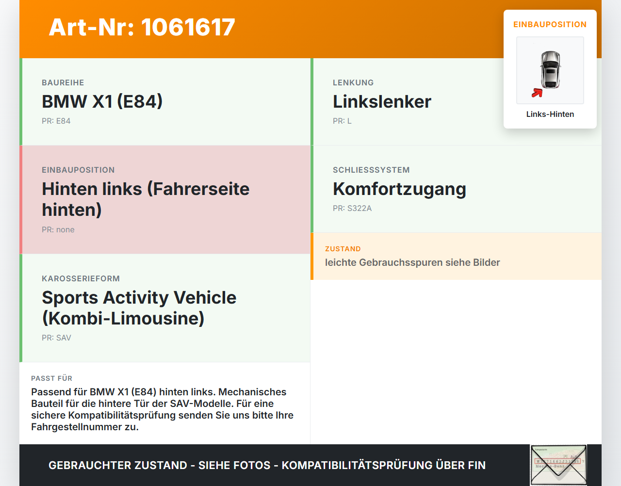 BMW X1 E84 12-15 KombiLim Türfangband Türbremse Türanschlag Links Hinten BMW X1 E84 12-15 29.04.2015 2990642... Vorschau 3