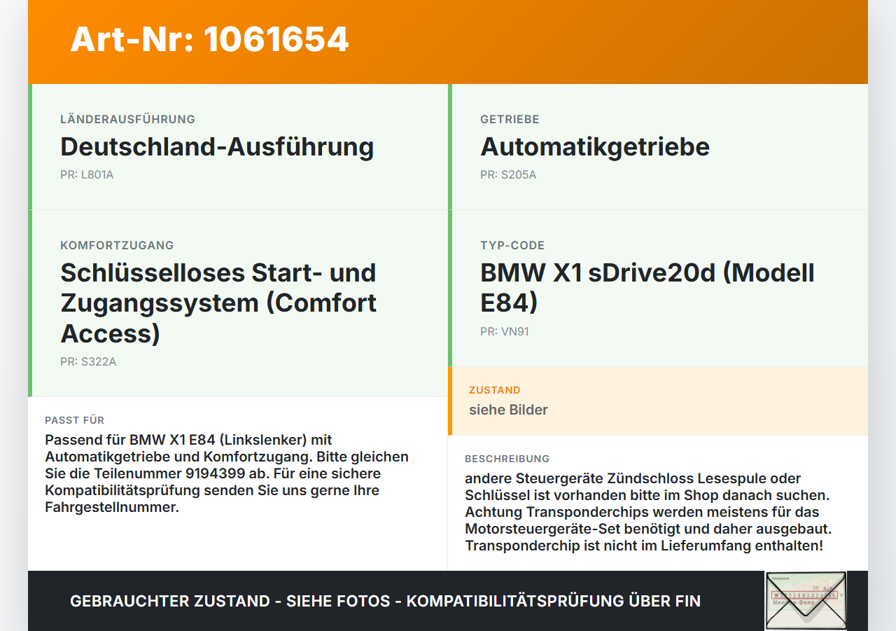 BMW X1 E84 12-15 Elektrisches Zündschloss ohne Schlüsselkarte BMW X1 E84 12-15 29.04.2015 66129194399 9194399... Vorschau 3