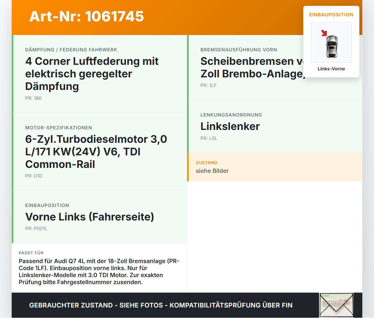 Audi Q7 4L 05-09 TDI 3,0 171KW Bremssattel Bremszange Vorne Links Orig. Brembo Audi Q7 4L 05-09 26.06.2007... Vorschau 3