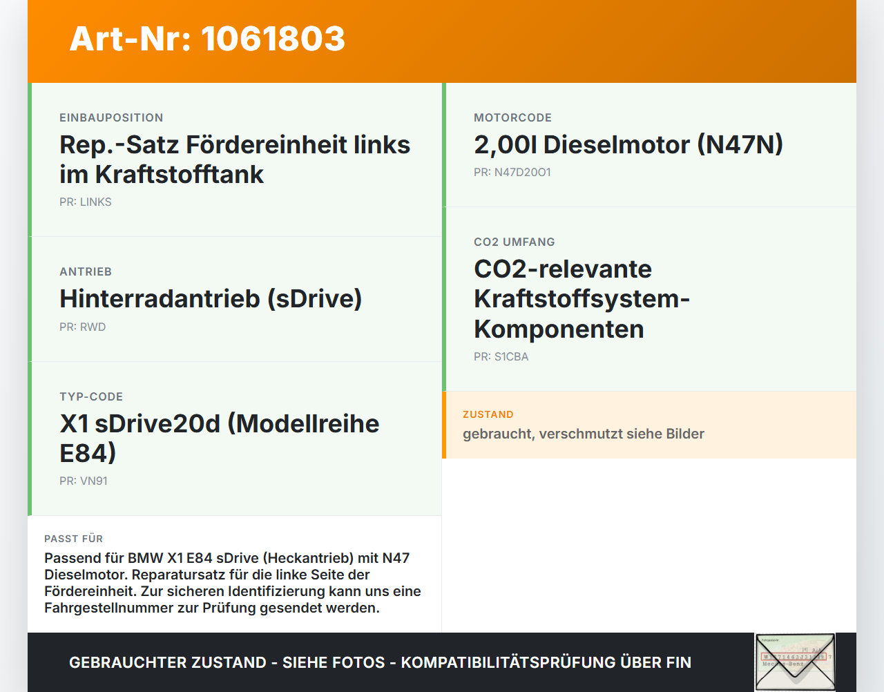 BMW X1 E84 12-15 2,0d 135KW Tankgeber Kraftstoff-Fördereinheit BMW X1 E84 12-15 29.04.2015 7190947 16117190947 gebraucht Vorschau 3