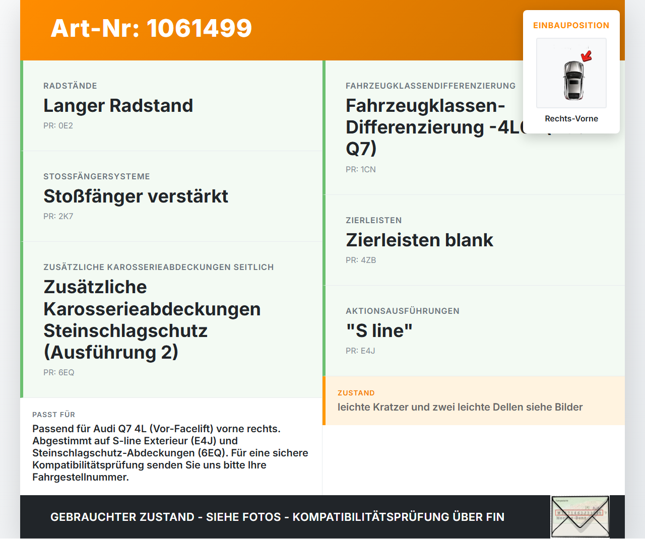 Audi Q7 4L 05-09 Kotflügel Rechts Vorne LZ7S Audi Q7 4L 05-09 26.06.2007 4L0821102 gebraucht Vorschau 3