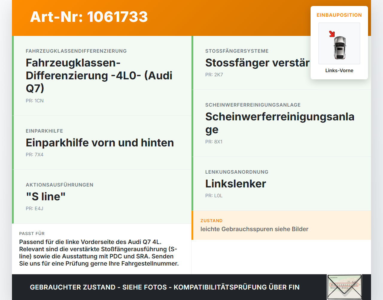 Audi Q7 4L 05-09 Pralldämpfer für Träger Stoßstange Vorne Links Audi Q7 4L 05-09 26.06.2007 4L0807133A gebraucht Vorschau 3