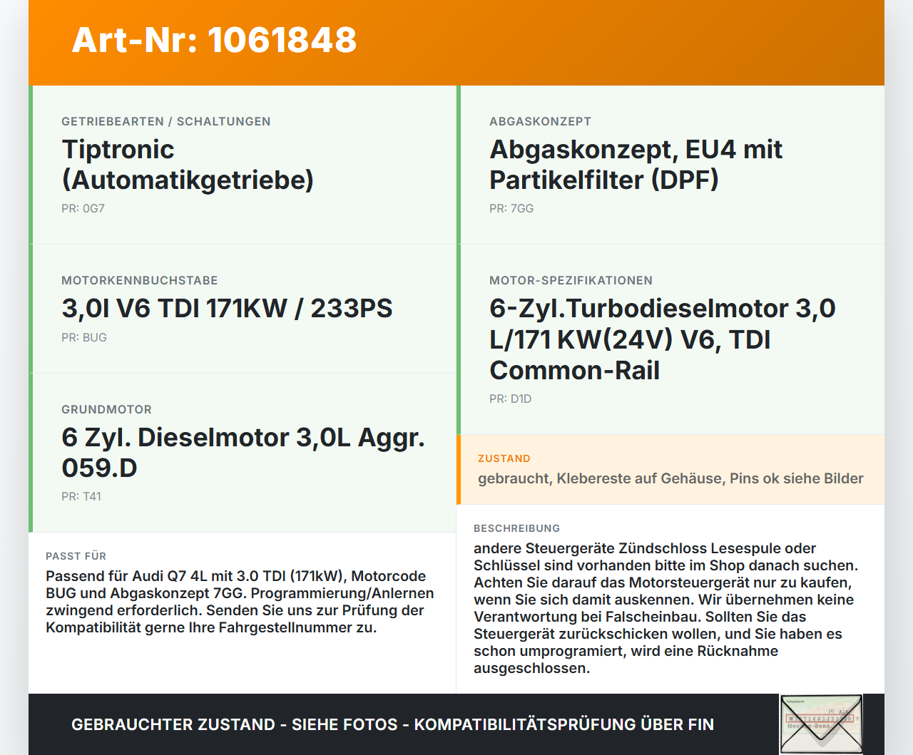 Audi Q7 4L 05-09 TDI 3,0 171KW Motor Steuergerät ECU Motorsteuergerät Audi Q7 4L 05-09 26.06.2007 4L0910401RX... Vorschau 3