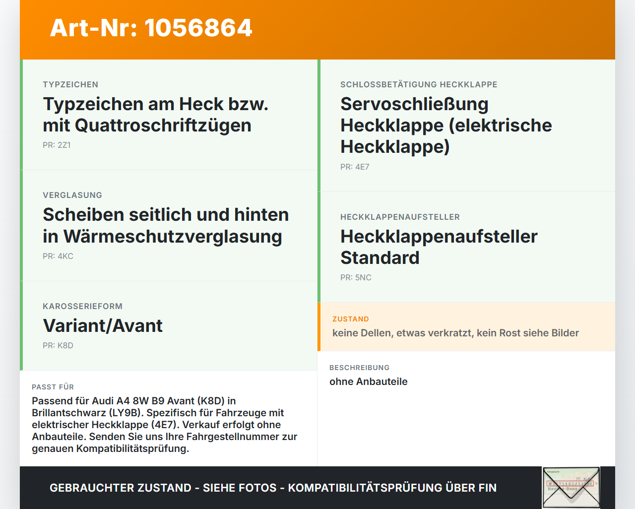 Audi A4 8W B9 15-19 Kombi Heckklappe Kofferraumdeckel LY9B Audi A4 8W B9 15-19 08.08.2017 8W9827025B gebraucht Vorschau 3