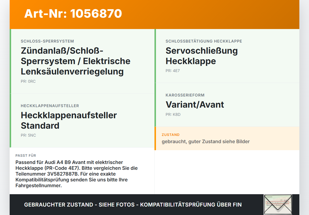 Audi A4 8W B9 15-19 Zuziehhilfe Stellmotor für Elektr. Heckklappe Audi A4 8W B9 15-19 08.08.2017 3V5827887B gebraucht Vorschau 3