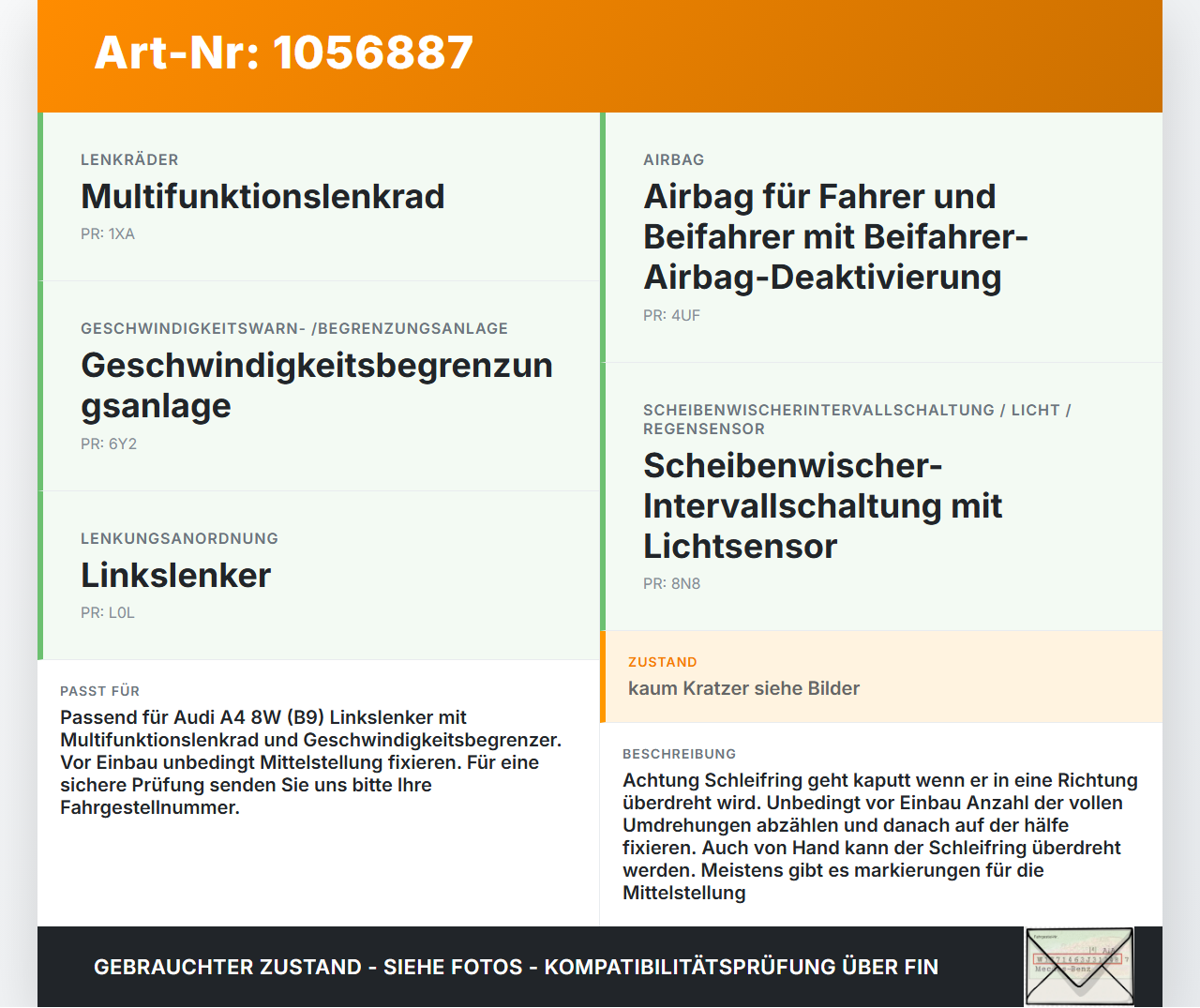 Audi A4 8W B9 15-19 Airbag Schleifring Wickelfeder Audi A4 8W B9 15-19 08.08.2017 10098892-09 gebraucht Vorschau 3