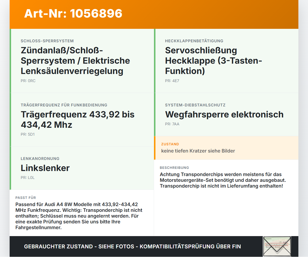 Audi A4 8W B9 15-19 Funkschlüssel Fernbedienung 3 Tasten Audi A4 8W B9 15-19 08.08.2017 4M0959754AJ 4M0959754T gebraucht Vorschau 3