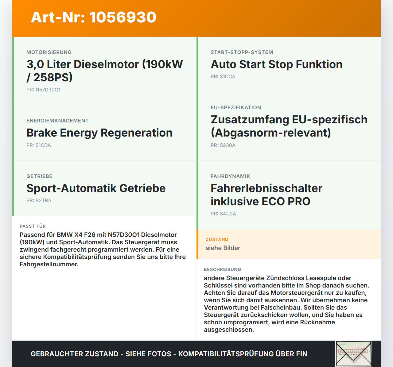 BMW X4 F26 14-18 3,0d 190KW Steuergerät ECU für Motor Motorsteuergerät BMW X4 F26 14-18 08.04.2016 8586540... Vorschau 3