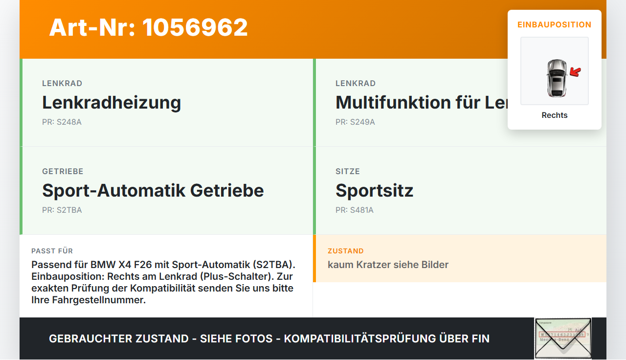 BMW X4 F26 14-18 Schaltwippe Schalter Plus für Lenkrad Rechts BMW X4 F26 14-18 08.04.2016 9830355 03426012104 gebraucht Vorschau 3