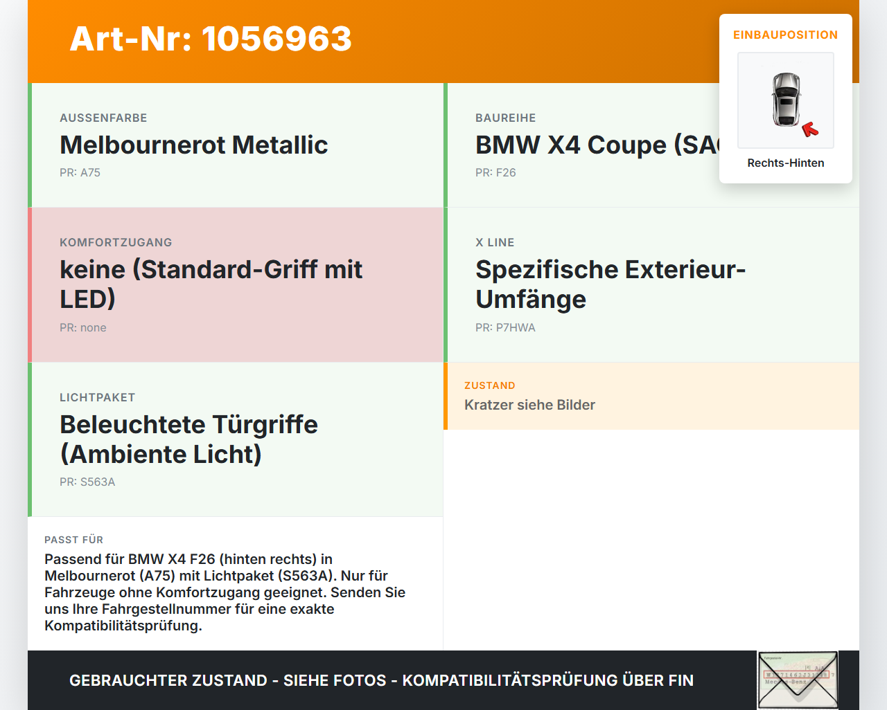 BMW X4 F26 14-18 Coupe Türgriff Griff aussen Rechts Hinten Ambiente Light A75 BMW X4 F26 14-18 08.04.2016 7331740... Vorschau 3