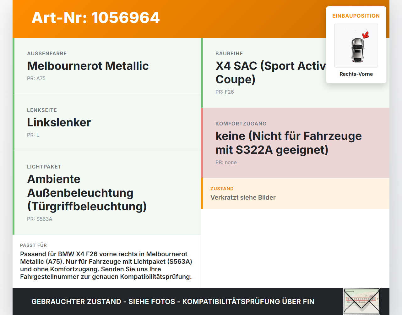 BMW X4 F26 14-18 Coupe Türgriff aussen Rechts Vorne Ambiente Light A75 BMW X4 F26 14-18 08.04.2016 7207562... Vorschau 3
