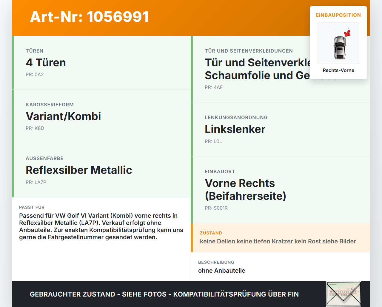 VW Golf VI 6 09-13 Kombi Tür Beifahrertür Rechts Vorne LA7P VW Golf VI 6 09-13 15.10.2012 1K5831106F 3115030-9 gebraucht Vorschau 3
