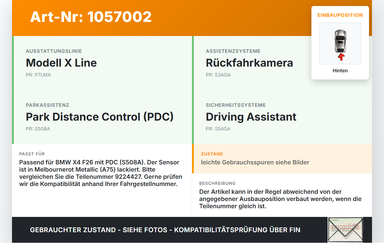 BMW X4 F26 14-18 Abstands Sensor Parksensor PDC Hinten A75 BMW X4 F26 14-18 08.04.2016 9274427 66209274427 9224427... Vorschau 3