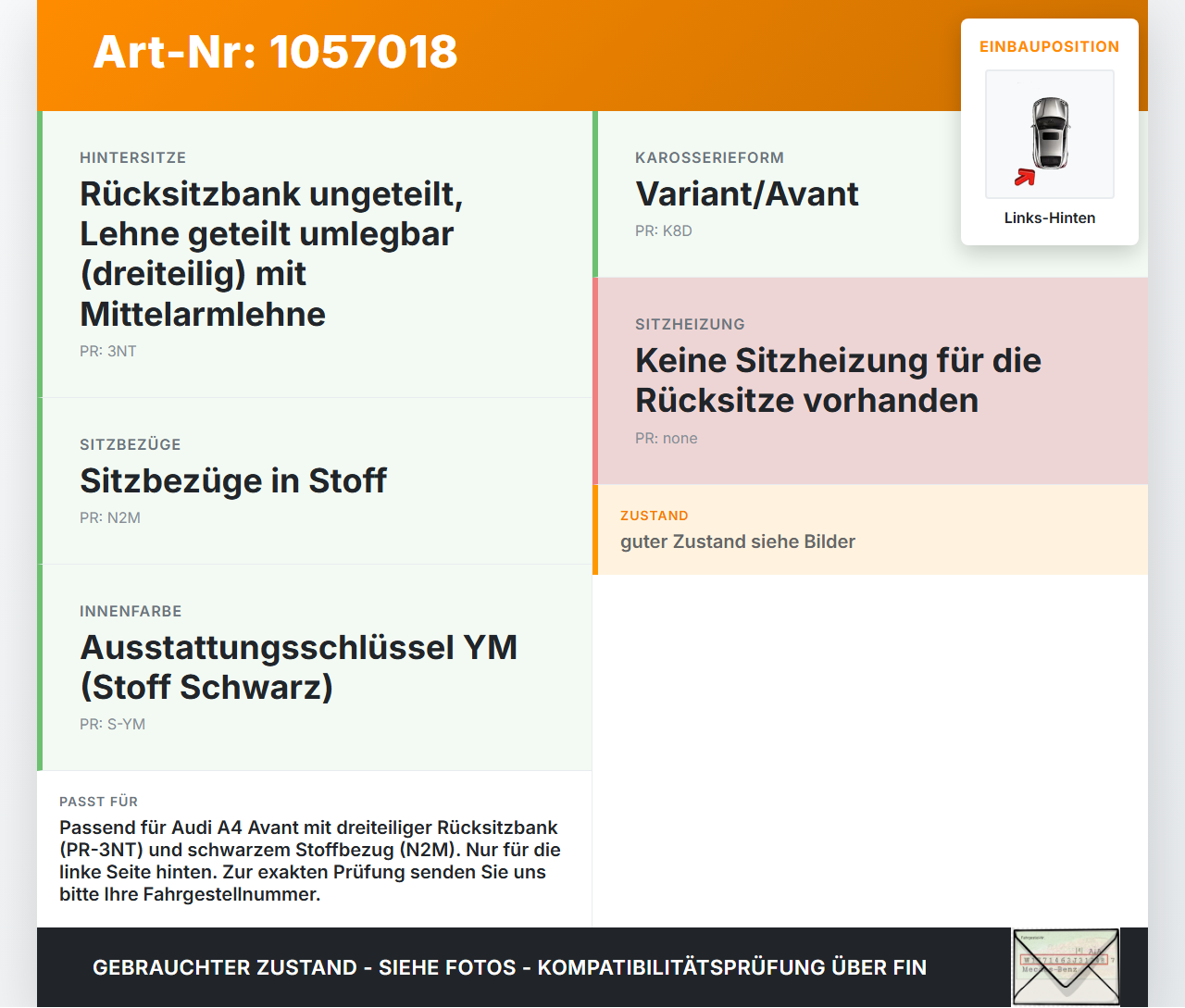 Audi A4 8W B9 15-19 Kombi Sitzbezug Rückenpolster Links für Rücksitzbank Hinten Audi A4 8W B9 15-19 08.08.2017... Vorschau 3