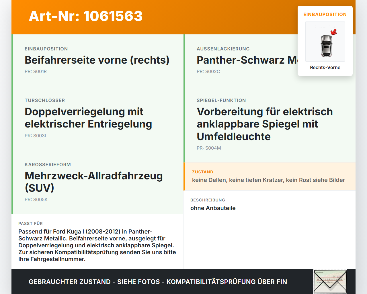 Ford Kuga I 08-12 Tür Beifahrertür Rechts Vorne F8 Ford Kuga I 08-12 05.11.2010 P8V41-S20124-AC gebraucht Vorschau 3