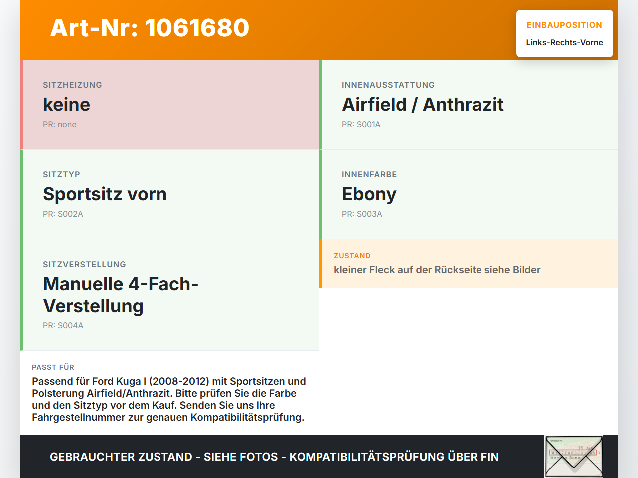 Ford Kuga I 08-12 Kopfstütze für Fahrer Sitz Rechts oder Links Vorne Ford Kuga I 08-12 05.11.2010... Vorschau 3