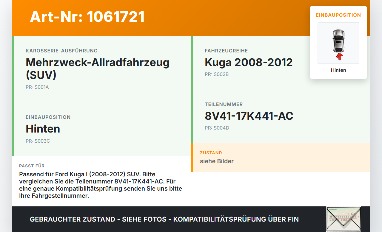 Ford Kuga I 08-12 Wischermotor Hinten Ford Kuga I 08-12 05.11.2010 8V41-17K441-AC 0390201208 gebraucht Vorschau 3