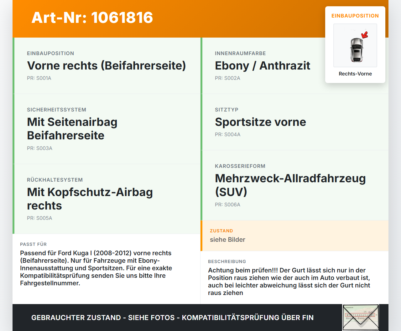 Ford Kuga I 08-12 Gurt Sicherheitsgurt Rechts Vorne Ford Kuga I 08-12 05.11.2010 8V41-S61294-AD AEU608730300 gebraucht Vorschau 3