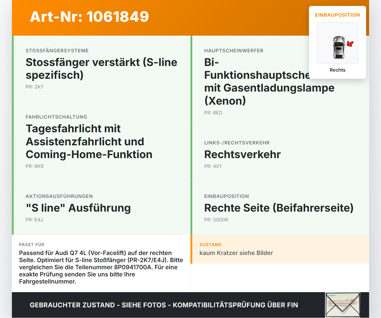Audi Q7 4L 05-09 Nebelscheinwerfer Rechts orig Audi Q7 4L 05-09 26.06.2007 8P0941700A gebraucht Vorschau 3