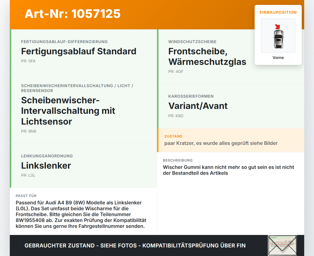 Audi A4 8W B9 15-19 2x Scheibenwischer Wischarm Vorne Audi A4 8W B9 15-19 08.08.2017 8W1955408 8W1955408SWF gebraucht Vorschau 3
