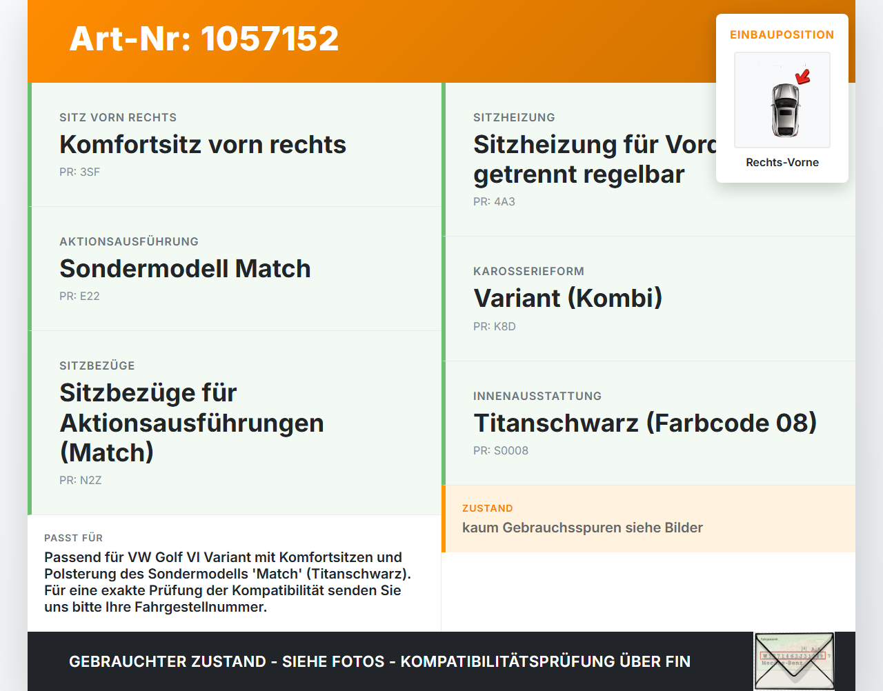 VW Golf VI 6 09-13 Kombi Kopfstütze für Beifahrer Sitz Rechts Vorne VW Golf VI 6 09-13 15.10.2012 5M0881901H gebraucht Vorschau 3