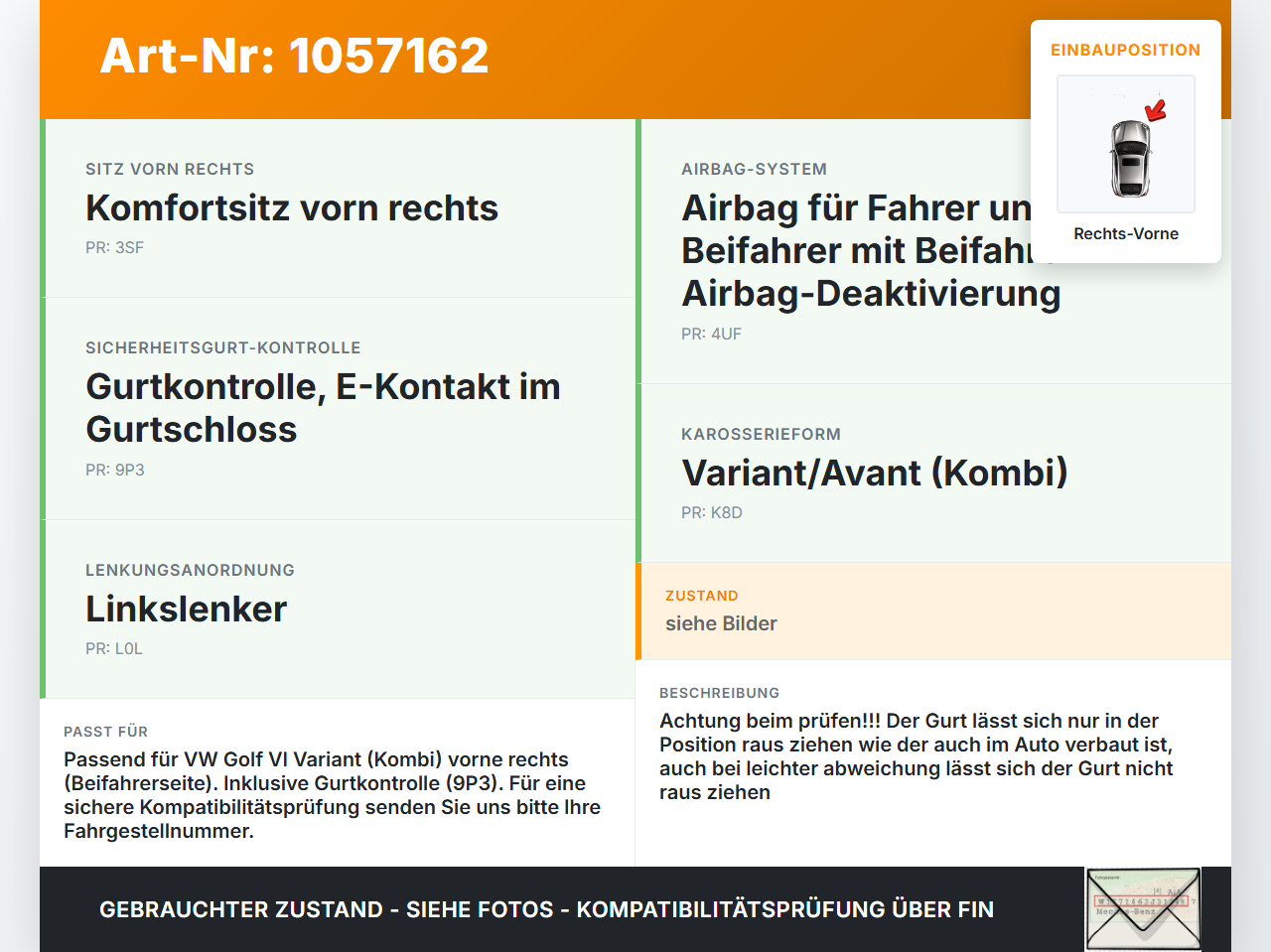 VW Golf VI 6 09-13 Kombi Gurt Sicherheitsgurt Gurtstraffer für Beifahrer Rechts Vorne VW Golf VI 6 09-13 15.10.2012... Vorschau 3