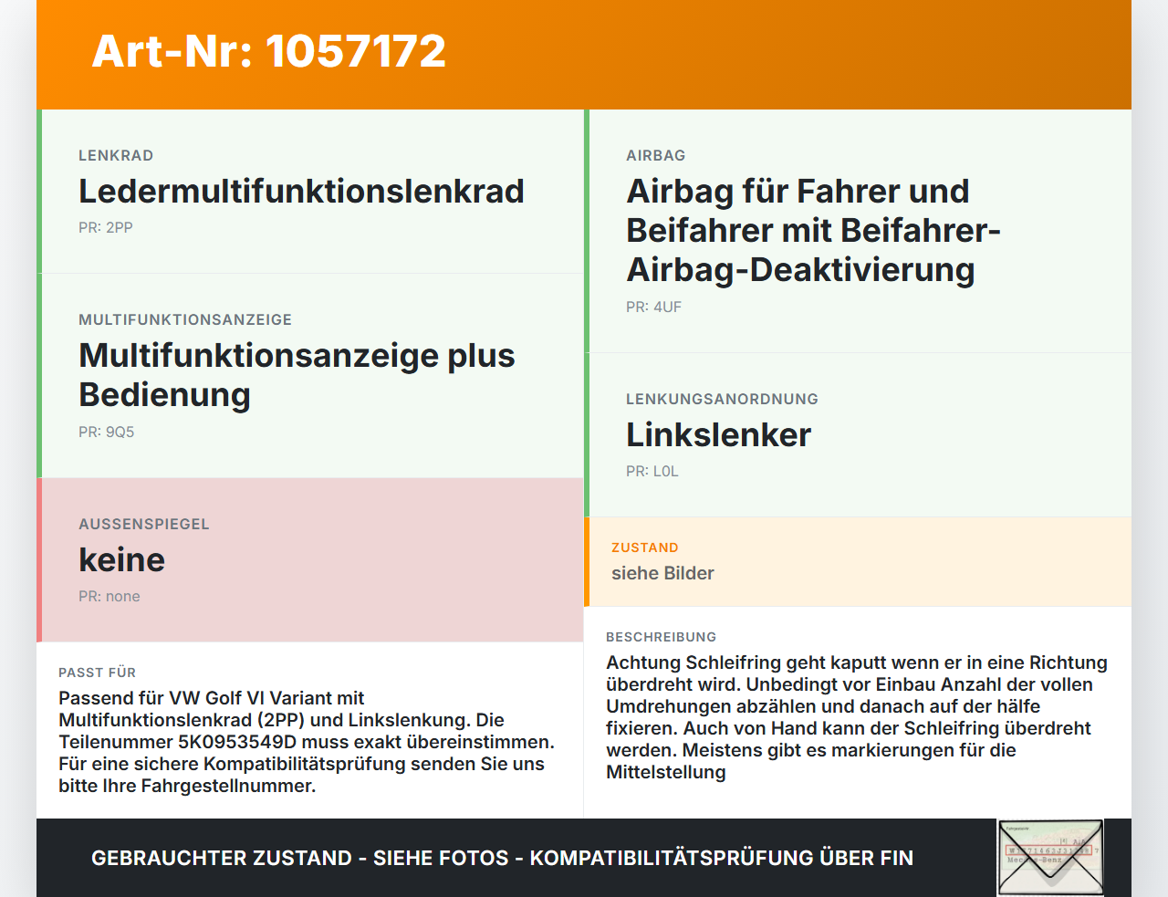 VW Golf VI 6 09-13 Airbag Schleifring Wickelfeder VW Golf VI 6 09-13 15.10.2012 5K0953549B 5K0953549D gebraucht Vorschau 3