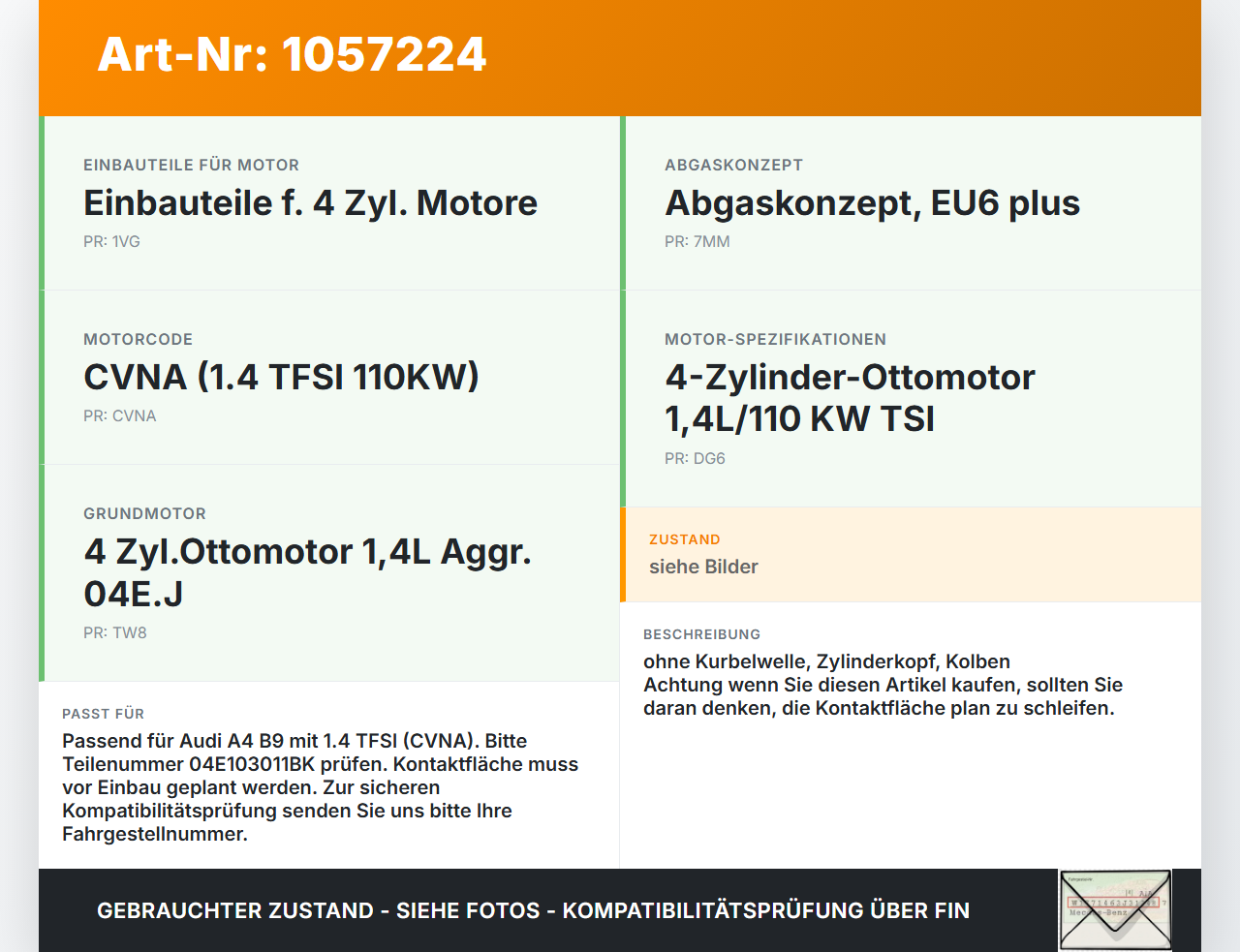 Audi A4 8W B9 15-19 TFSI 1,4 110KW CVNA Motorblock für Motor Audi A4 8W B9 15-19 08.08.2017 04E103011BK 04E103023BD... Vorschau 3