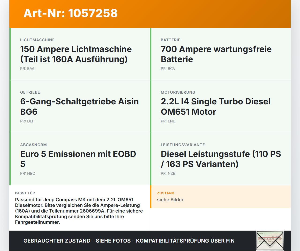 Jeep Compass MK49 10-14 2,1 120KW Lichtmaschine Generator 160A 14V Jeep Compass MK49 10-14 31.01.2014 04801827AA... Vorschau 3