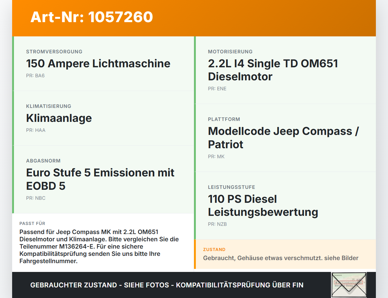Jeep Compass MK49 10-14 2,1 120KW Lüfter Ventilator f. Kühler Jeep Compass MK49 10-14 31.01.2014 M136264-E gebraucht Vorschau 3