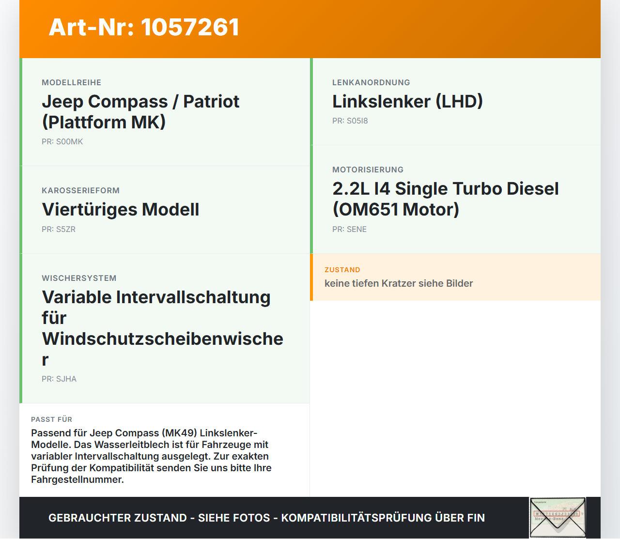 Jeep Compass MK49 10-14 Wasserabweiser Wasserleitblech Jeep Compass MK49 10-14 31.01.2014 11MK49-J-1400M gebraucht Vorschau 3
