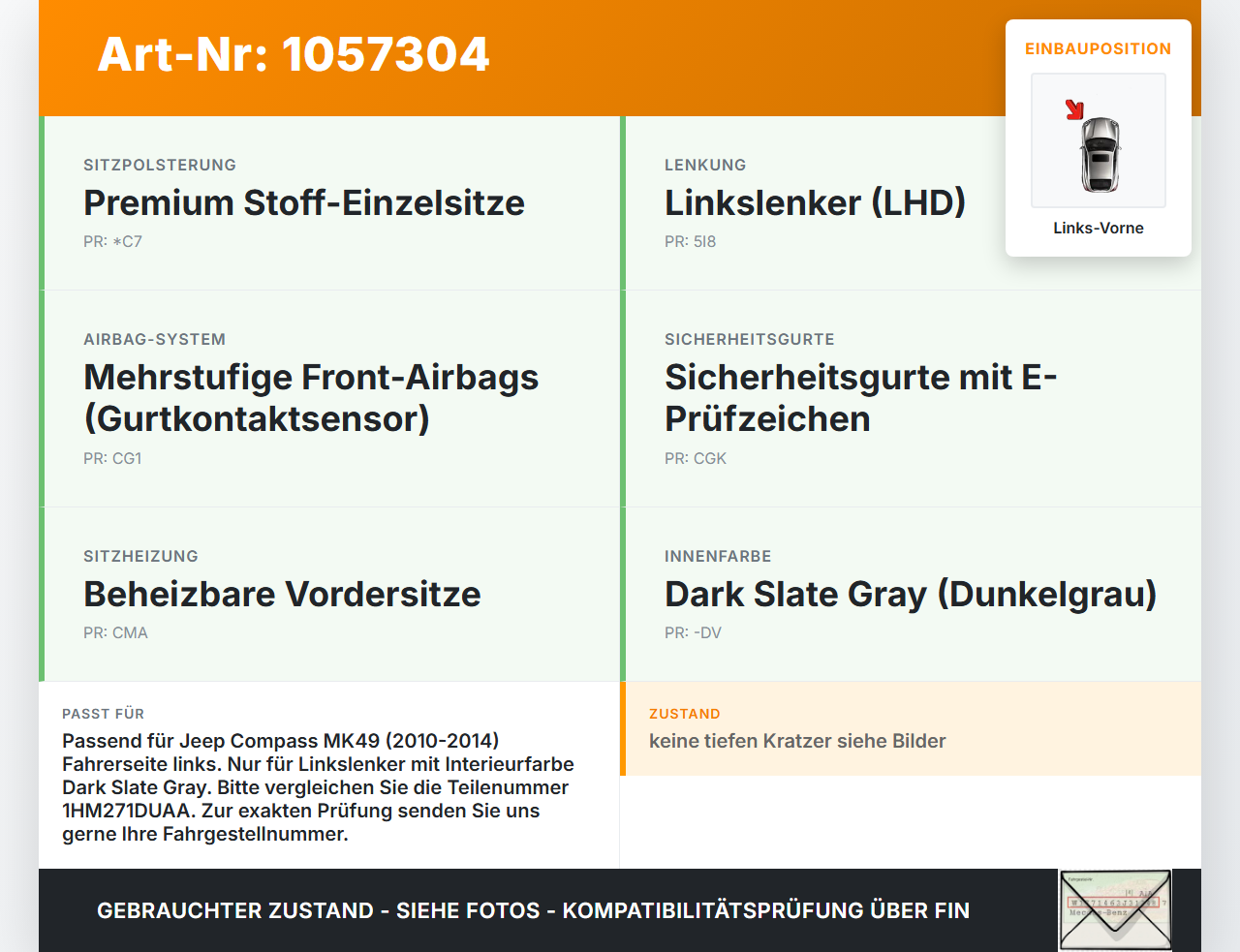 Jeep Compass MK49 10-14 Gurtschloss Fahrer Links Vorne Jeep Compass MK49 10-14 31.01.2014 1HM271DUAA gebraucht Vorschau 3