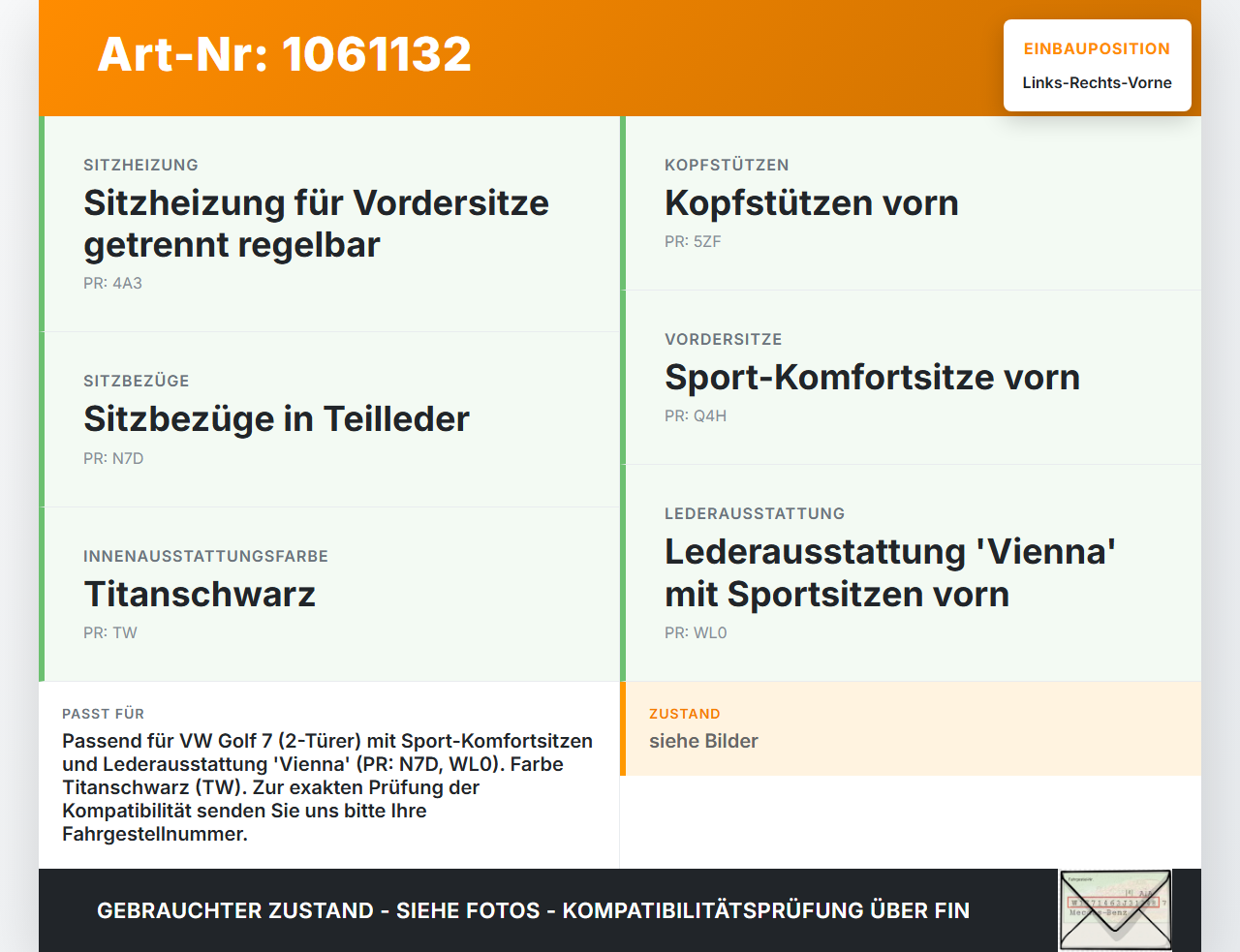 VW Golf 7 VII 5G 12-17 3 Türer Leder Kopfstütze für Beifahrer Sitz Rechts oder Links Vorne titanschwarz/titangrau... Vorschau 3