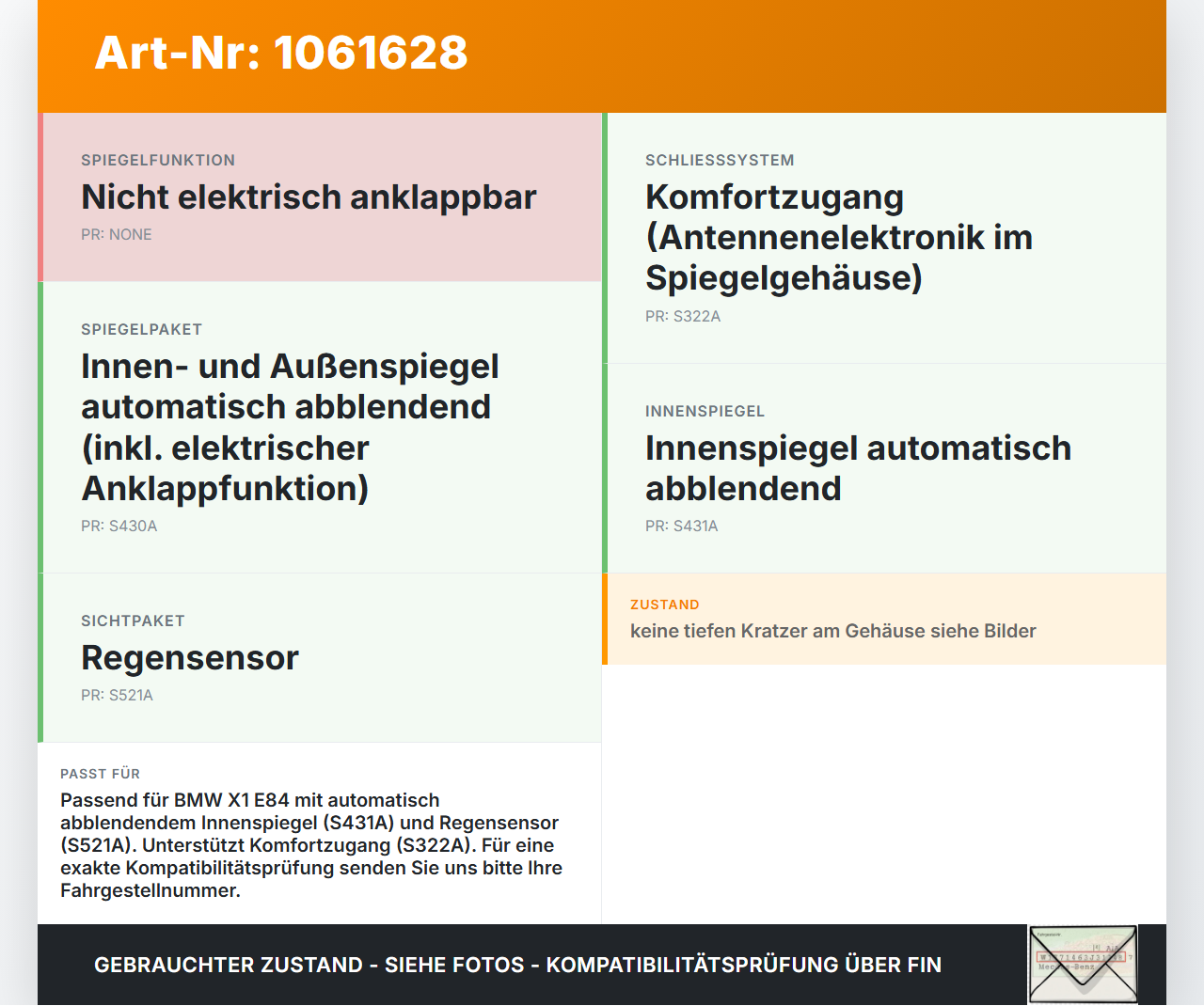 BMW X1 E84 12-15 Innenspiegel Rückspiegel Spiegel Innen Elektrochrom BMW X1 E84 12-15 29.04.2015 9134459... Vorschau 3