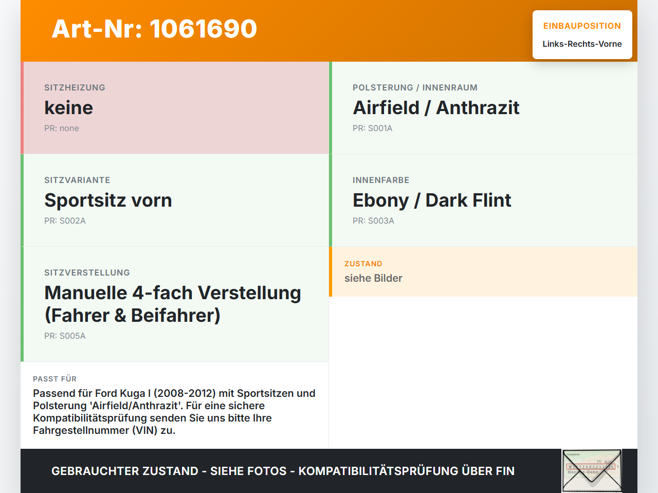 Ford Kuga I 08-12 Kopfstütze für Beifahrer Sitz Rechts oder Links Vorne Leder Ford Kuga I 08-12 05.11.2010... Vorschau 3