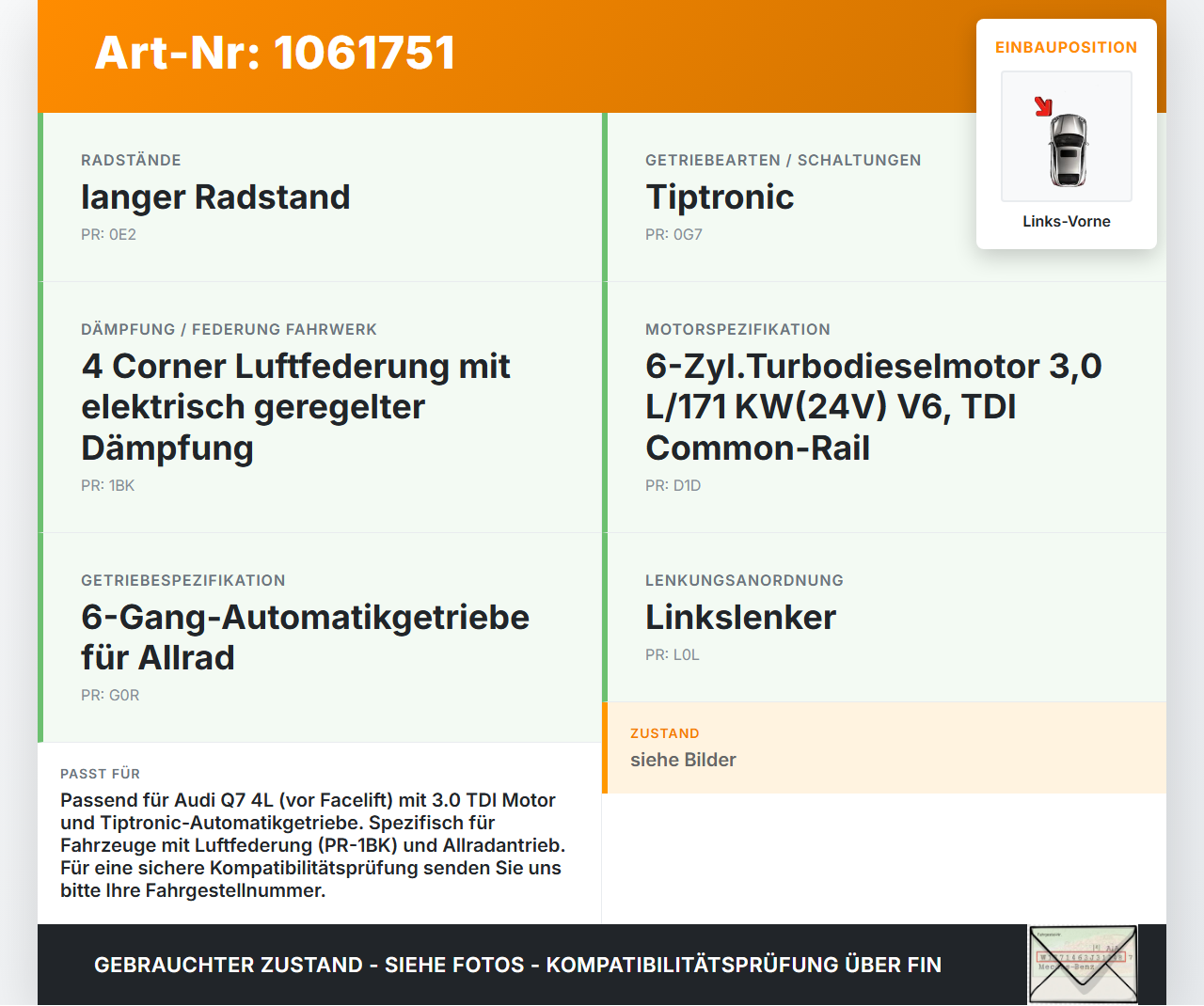 Audi Q7 4L 05-09 TDI 3,0 171KW Autom 4WD Antriebswelle Gelenkwelle Links Vorne Audi Q7 4L 05-09 26.06.2007... Vorschau 3