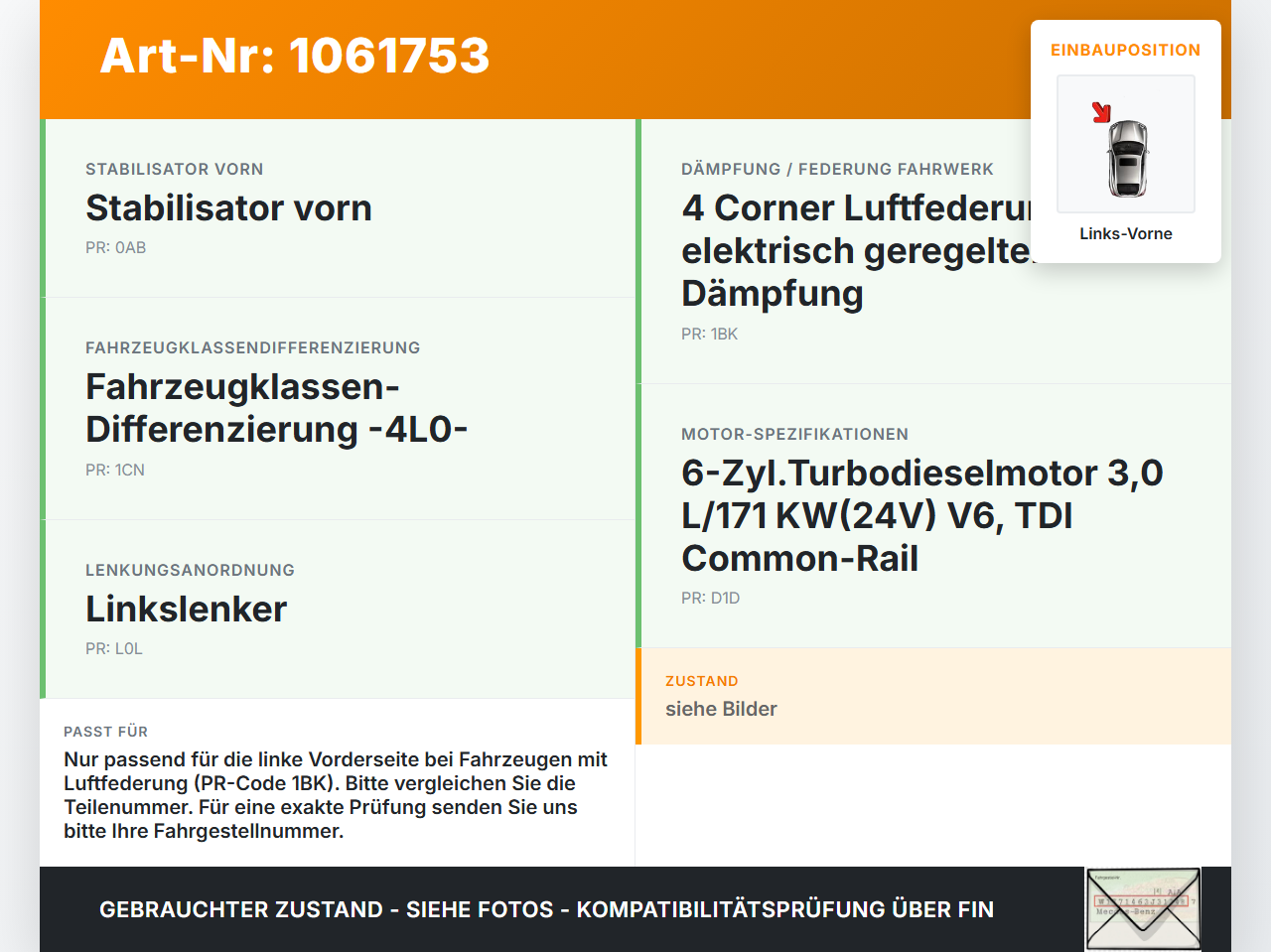 Audi Q7 4L 05-09 Luftfederbein Stoßdämpfer Links Vorne Audi Q7 4L 05-09 26.06.2007 7L8616039D 7L8616039B... Vorschau 3