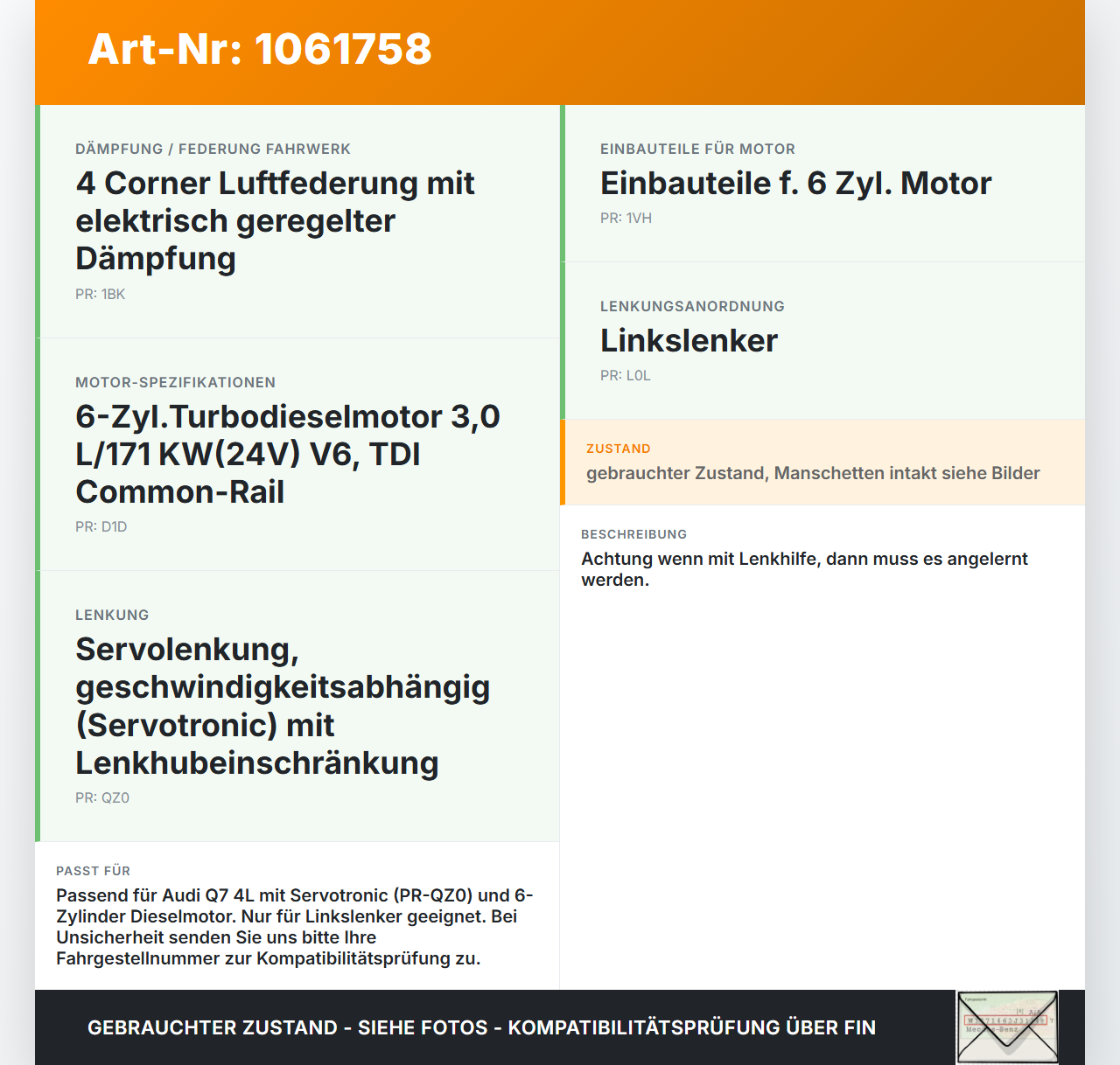Audi Q7 4L 05-09 Lenkgetriebe Servolenkung mit Sensor Audi Q7 4L 05-09 26.06.2007 7L8422062G 7L8422055AE gebraucht Vorschau 3