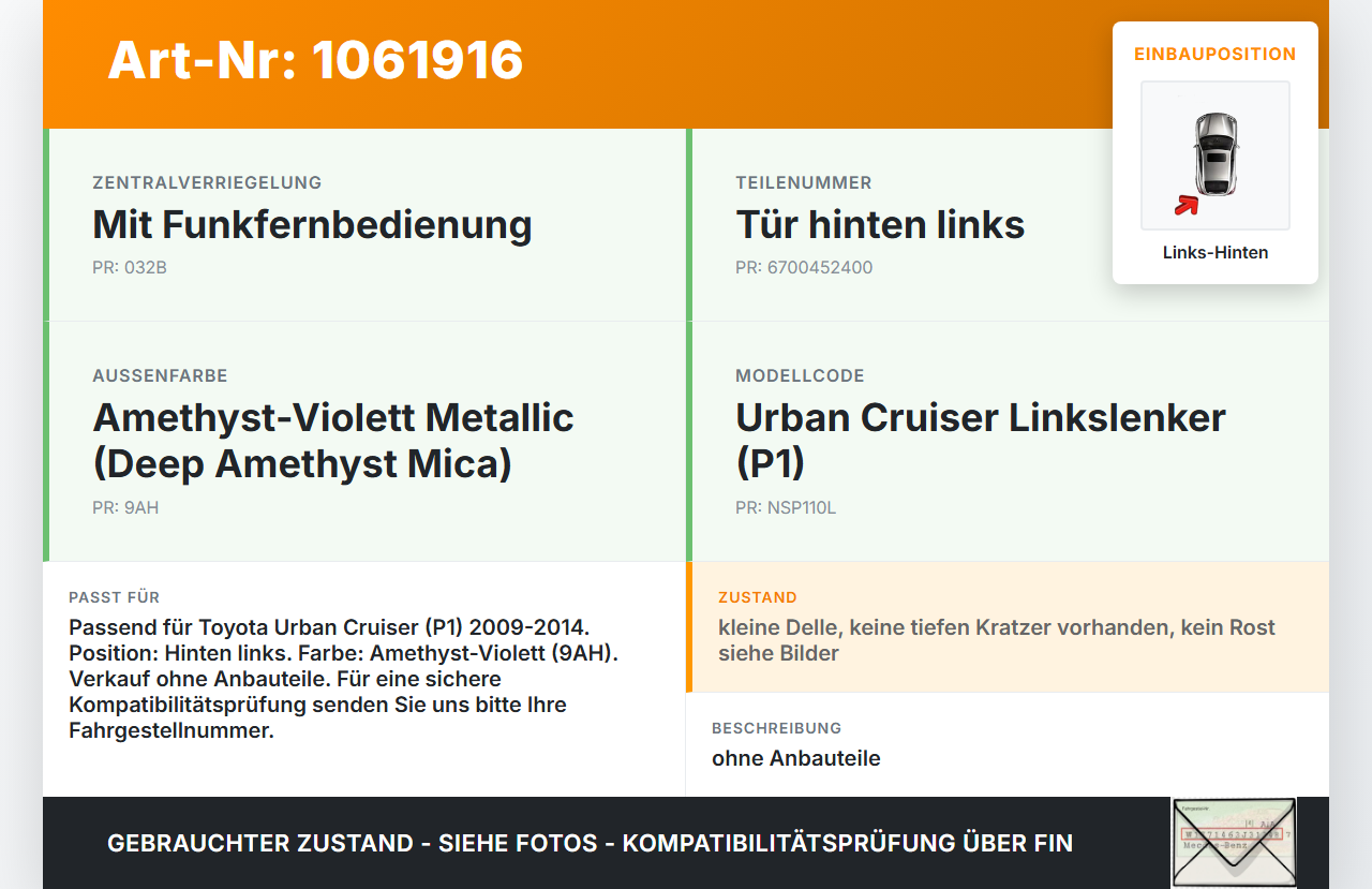 Toyota Urban Cruiser P1 09-14 Tür Links Hinten 9AH Toyota Urban Cruiser P1 09-14 21.07.2009 6700452400 gebraucht Vorschau 3
